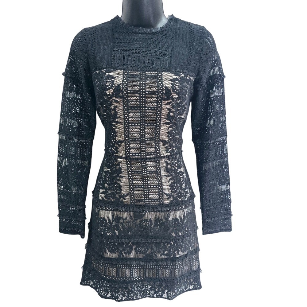 Parker Black Lace Long Sleeve Mini Dress Nude Lining P6I3262TBC Black XS